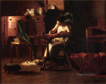 three women at the table by the lamp Painting - Woman Writing at a Table naturalistic Thomas Pollock Anshutz